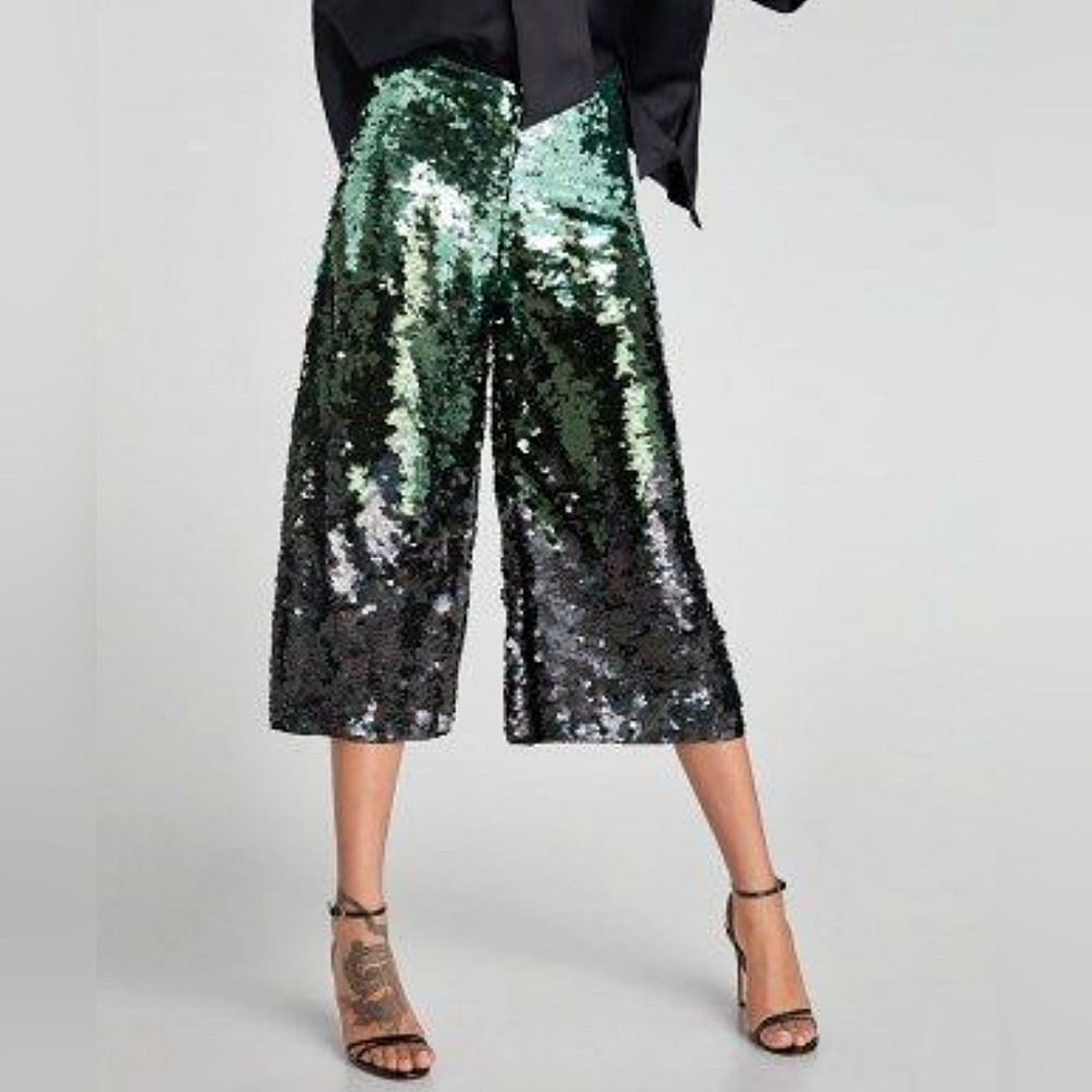 Zara Sequins Women’s Green Black Ombré Cropped Wide Leg Capri Dress Pants S